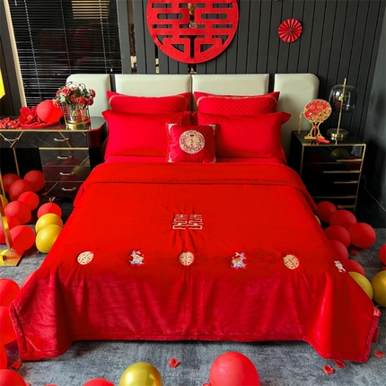 2024新款仿皮草兔绒精品绣花毛毯毯子 百年好合