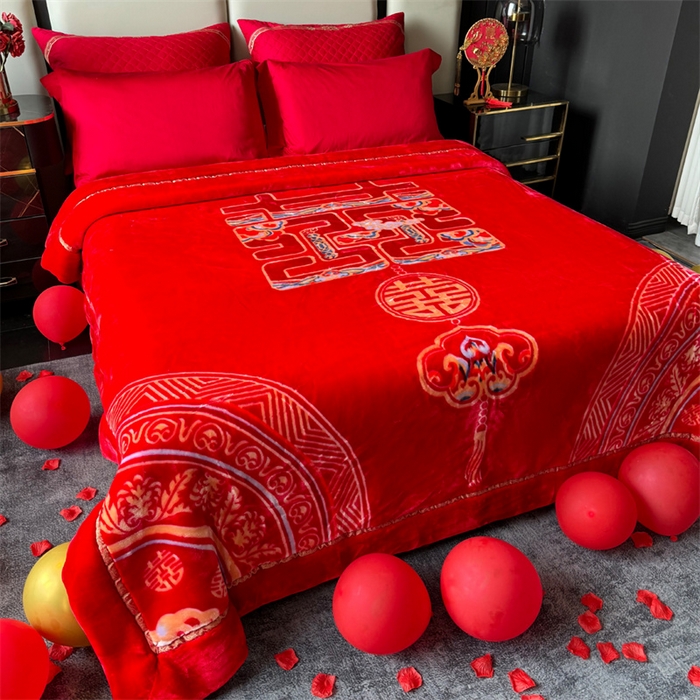 91家纺网 家纺一手货源 找家纺 2024新款婚庆双层高密云毛毯毯子 喜上加喜