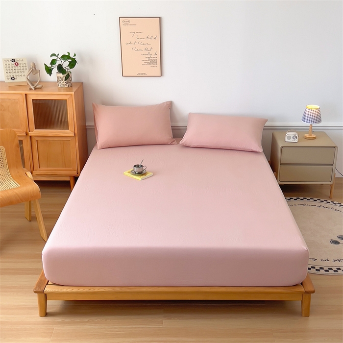 91家纺网 家纺一手货源 找家纺 多品 2024新款水洗棉皱皱纱单品床笠 栗子粉