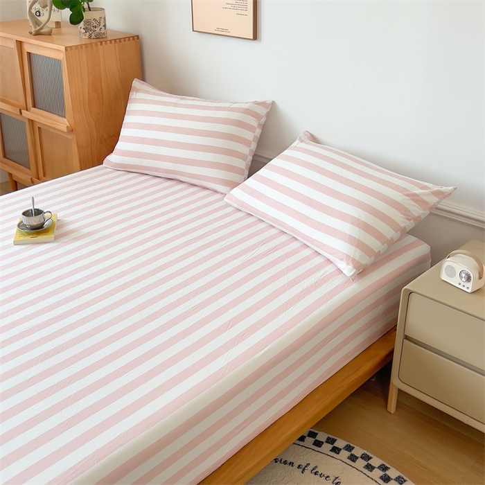 91家纺网 家纺一手货源 找家纺 多品 2024新款水洗棉皱皱纱单品床笠 蜜桃粉