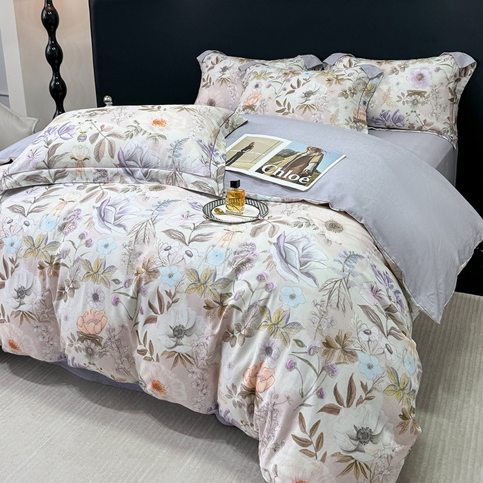 91家纺网 家纺一手货源 找家纺 2024新款A类全棉磨毛数码印花系列四件套 热恋花季灰