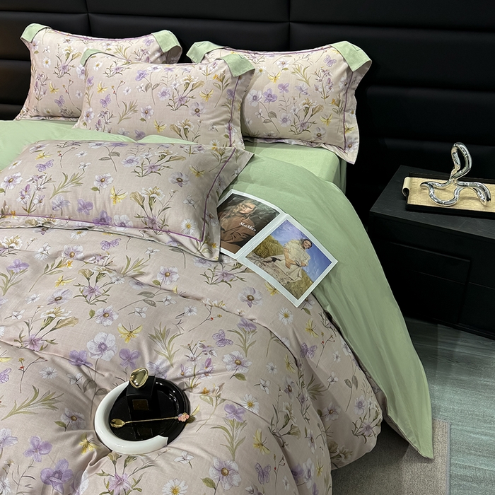 91家纺网 家纺一手货源 找家纺 2024新款A类全棉磨毛数码印花系列四件套 唯有暗香灰