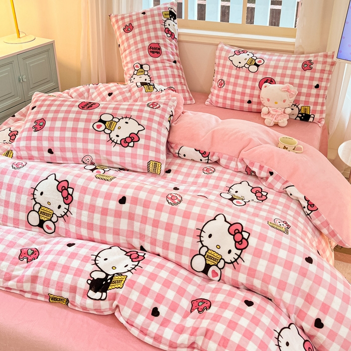 91家纺网 家纺一手货源 找家纺 2024新品正版三丽鸥授权卡通加厚高克重牛奶绒系列四件套 绒三丽鸥-粉格kitty