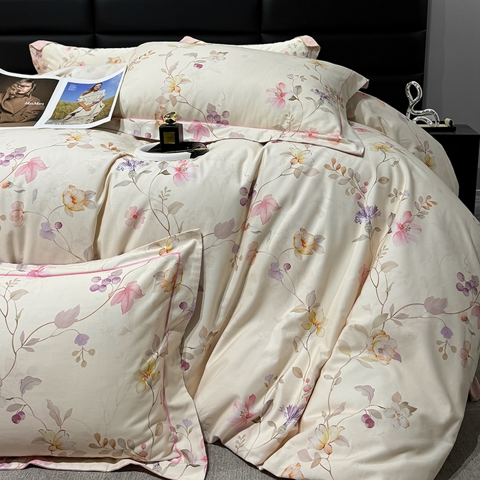 91家纺网 家纺一手货源 找家纺 2024新款A类全棉磨毛数码印花系列四件套 美兮浅香粉