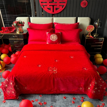 91家纺网 家纺一手货源 找家纺 2024新款仿皮草兔绒精品绣花毛毯毯子 柔情密意-大红