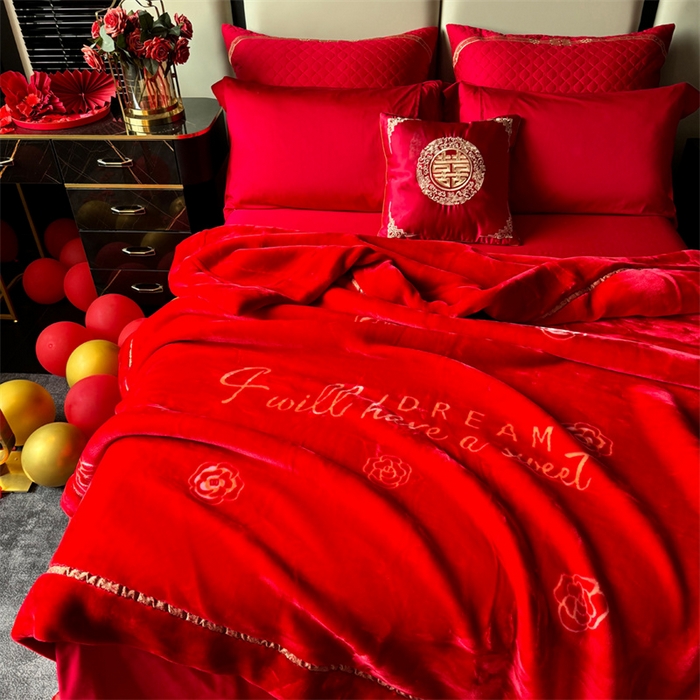 91家纺网 家纺一手货源 找家纺 2024新款婚庆双层高密云毛毯毯子 花田喜事