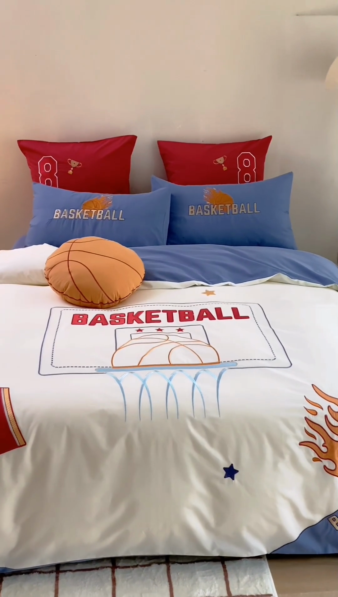 91家纺网 家纺一手货源 找家纺 绒梦里 2024新款全棉A类40s水洗棉贴布绣花四件套-篮球系列 挚爱篮球-米色