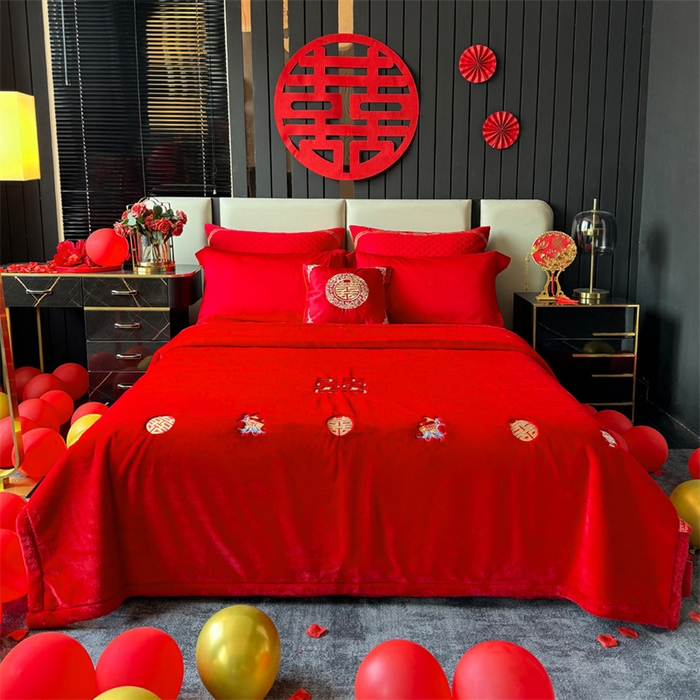 91家纺网 家纺一手货源 找家纺 2024新款仿皮草兔绒精品绣花毛毯毯子 百年好合