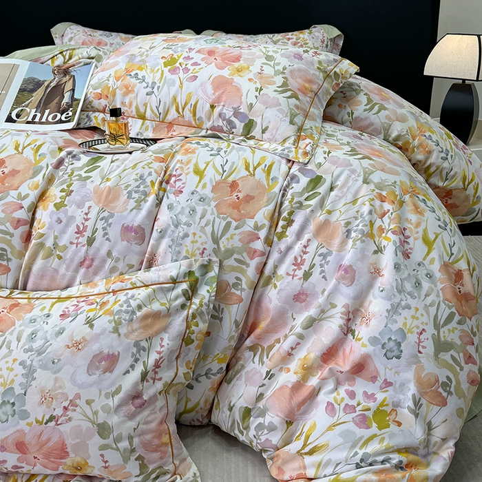 91家纺网 家纺一手货源 找家纺 2024新款A类全棉磨毛数码印花系列四件套 春日油彩米