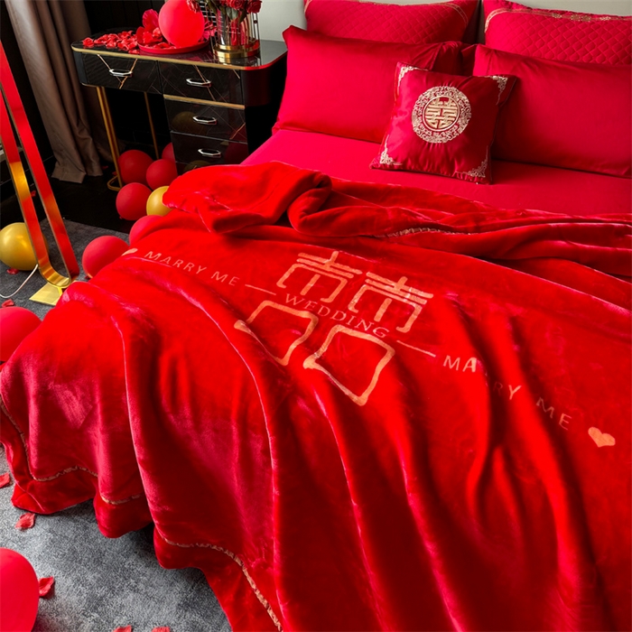 91家纺网 家纺一手货源 找家纺 2024新款婚庆双层高密云毛毯毯子 喜乐