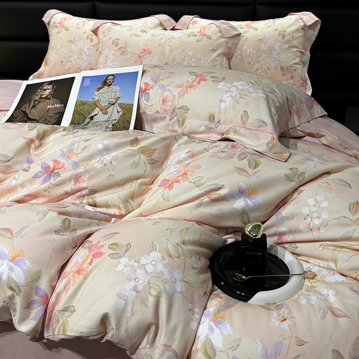 91家纺网 家纺一手货源 找家纺 2024新款A类全棉磨毛数码印花系列四件套 科莫花园粉