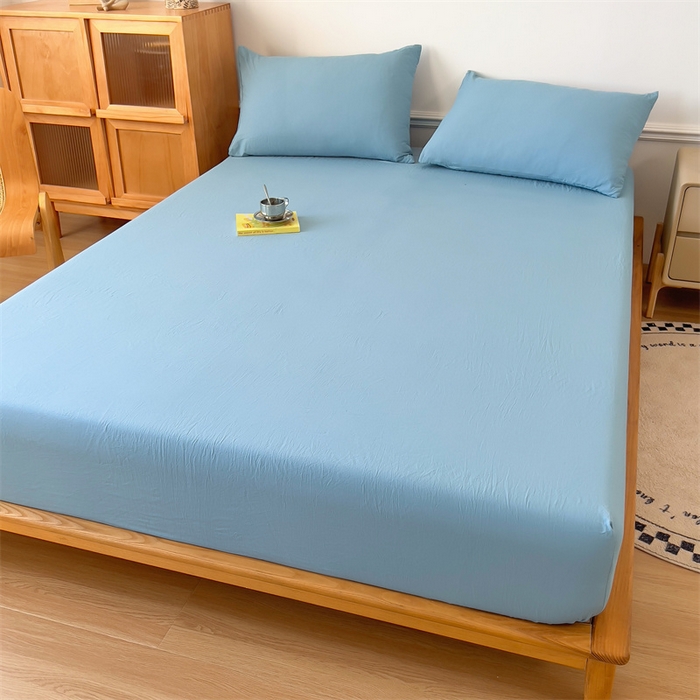 91家纺网 家纺一手货源 找家纺 多品 2024新款水洗棉皱皱纱单品床笠 蓝灰