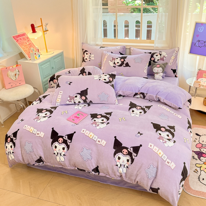 91家纺网 家纺一手货源 找家纺 2024新品正版三丽鸥授权卡通加厚高克重牛奶绒系列四件套 绒三丽鸥-蓝星库洛米