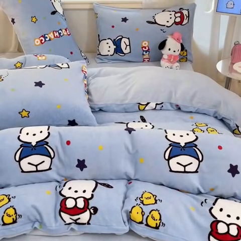 91家纺网 家纺一手货源 找家纺 2024新品正版三丽鸥授权卡通加厚高克重牛奶绒系列四件套 绒三丽鸥-趣味帕恰狗