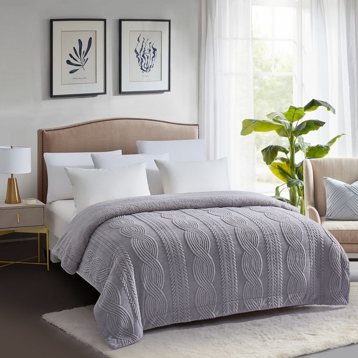 91家纺网 家纺一手货源 找家纺 巴木赫 2024新款8字配色双层羊羔绒毛毯 浅灰