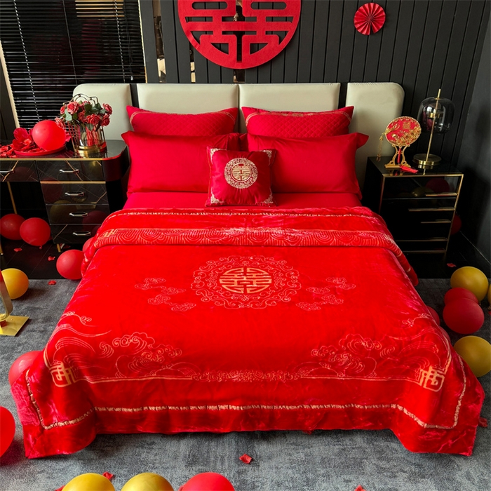 91家纺网 家纺一手货源 找家纺 2024新款婚庆双层高密云毛毯毯子 喜传天下