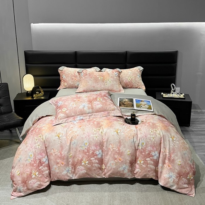 91家纺网 家纺一手货源 找家纺 2024新款A类全棉磨毛数码印花系列四件套 莉丽丝粉