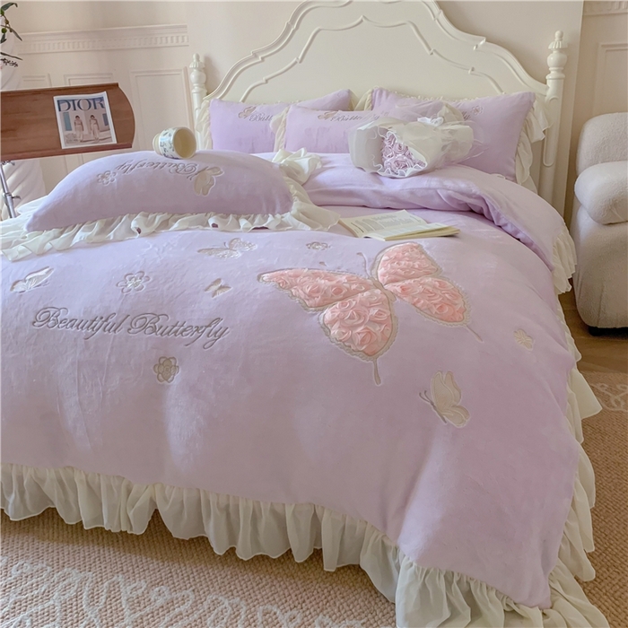 91家纺网 家纺一手货源 找家纺 富盛家纺 2024新款牛奶绒立体刺绣四件套韩版公主风四件套-翩翩起舞 4翩翩起舞—温柔紫