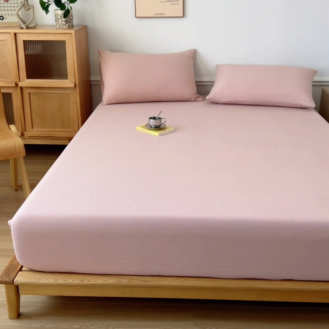 91家纺网 家纺一手货源 找家纺 多品 2024新款水洗棉皱皱纱单品床笠 栗子粉