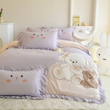 91家纺网 家纺一手货源 找家纺 （总）2025新款柔肤棉刺绣公主风四件套-安睡熊系列