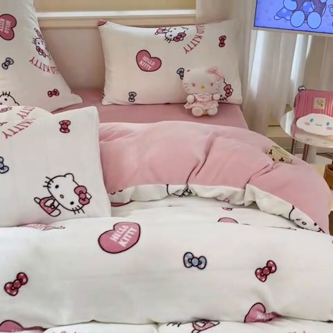 91家纺网 家纺一手货源 找家纺 2024新品正版三丽鸥授权卡通加厚高克重牛奶绒系列四件套 绒三丽鸥-奶油kitty