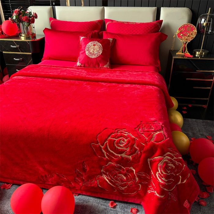 91家纺网 家纺一手货源 找家纺 2024新款仿皮草兔绒精品绣花毛毯毯子 幸福花海