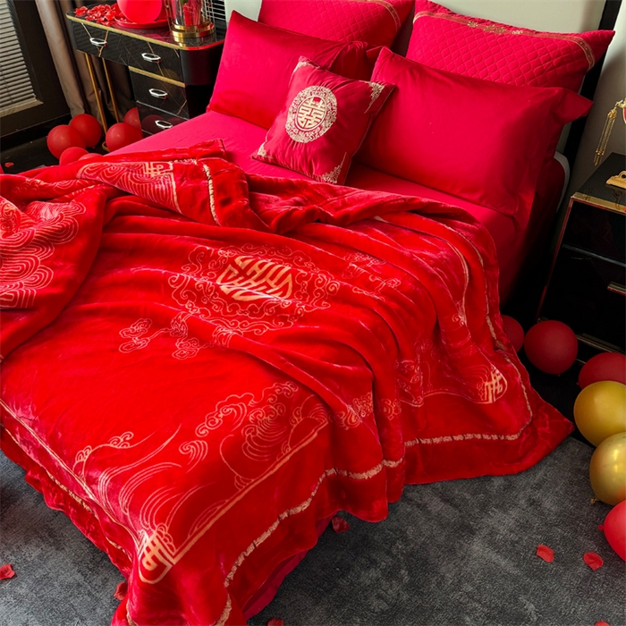 91家纺网 家纺一手货源 找家纺 2024新款婚庆双层高密云毛毯毯子 喜传天下