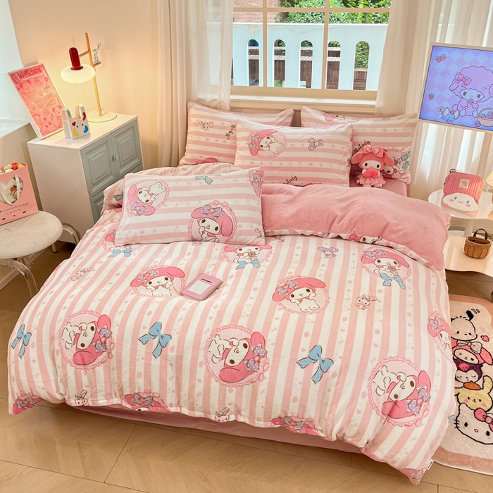 91家纺网 家纺一手货源 找家纺 2024新品正版三丽鸥授权卡通加厚高克重牛奶绒系列四件套 绒三丽鸥-粉梦美乐蒂