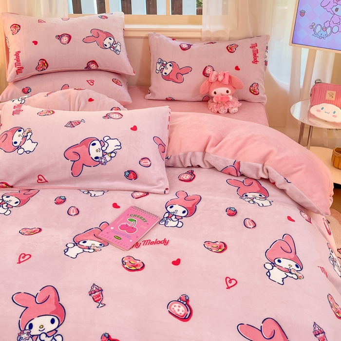 91家纺网 家纺一手货源 找家纺 2024新品正版三丽鸥授权卡通加厚高克重牛奶绒系列四件套 绒三丽鸥-莓莓美乐蒂