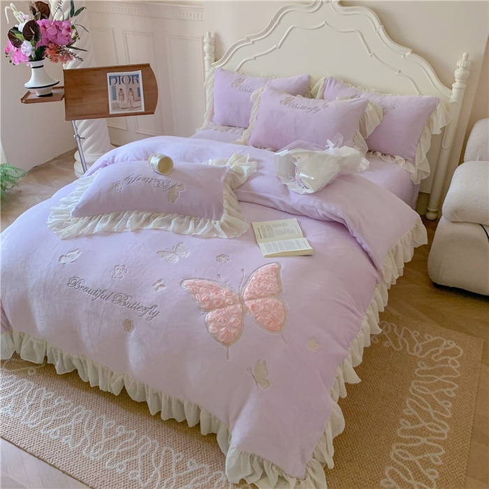 91家纺网 家纺一手货源 找家纺 富盛家纺 2024新款牛奶绒立体刺绣四件套韩版公主风四件套-翩翩起舞 4翩翩起舞—温柔紫