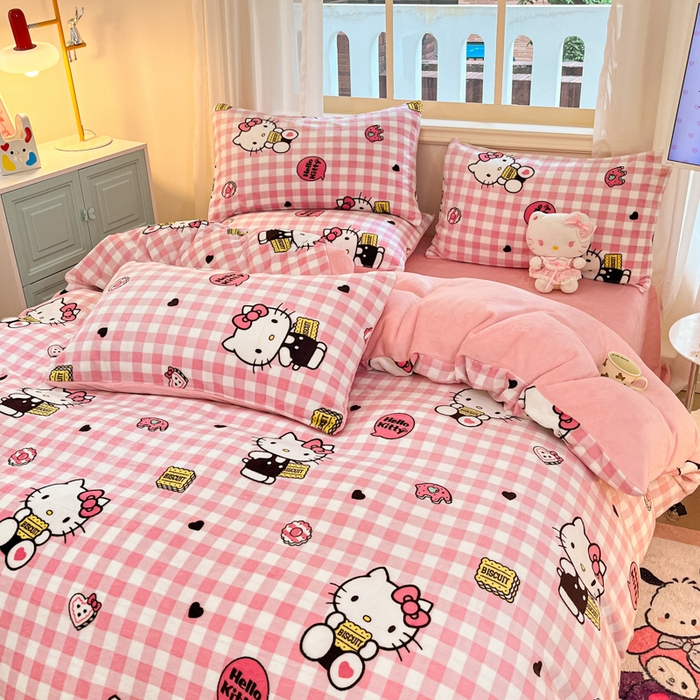 91家纺网 家纺一手货源 找家纺 2024新品正版三丽鸥授权卡通加厚高克重牛奶绒系列四件套 绒三丽鸥-粉格kitty