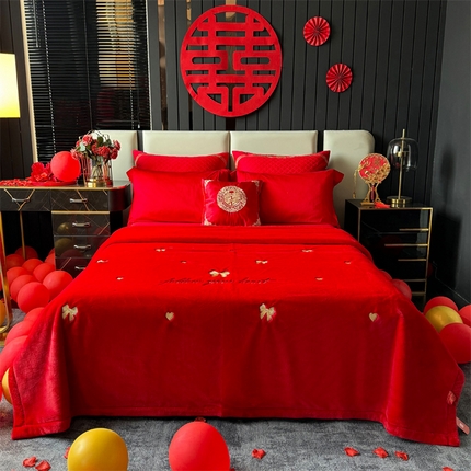 2024新款仿皮草兔绒精品绣花毛毯毯子 蝴蝶结-大红