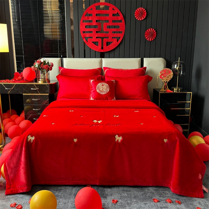 91家纺网 家纺一手货源 找家纺 2024新款仿皮草兔绒精品绣花毛毯毯子 蝴蝶结-大红