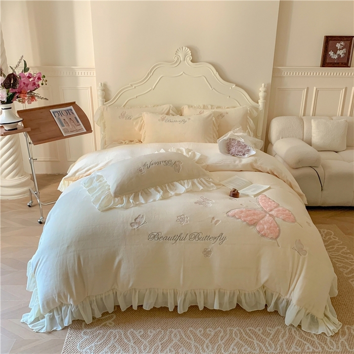 91家纺网 家纺一手货源 找家纺 富盛家纺 2024新款牛奶绒立体刺绣四件套韩版公主风四件套-翩翩起舞 5翩翩起舞—柠檬黄