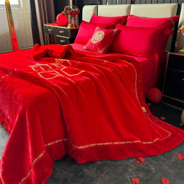 91家纺网 家纺一手货源 找家纺 2024新款婚庆双层高密云毛毯毯子 喜乐