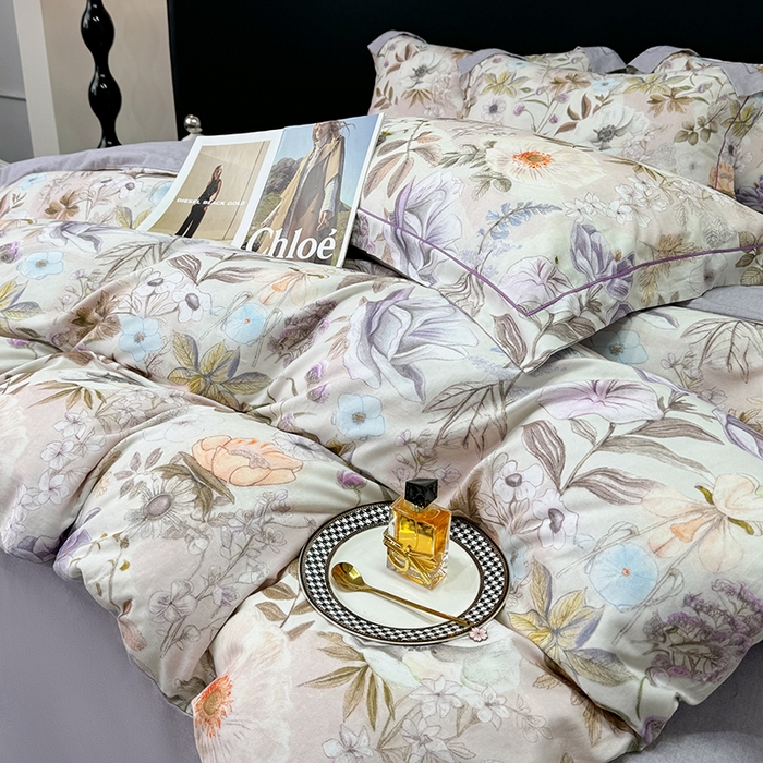 91家纺网 家纺一手货源 找家纺 2024新款A类全棉磨毛数码印花系列四件套 热恋花季灰