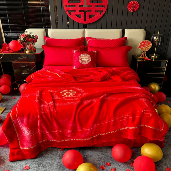 91家纺网 家纺一手货源 找家纺 2024新款婚庆双层高密云毛毯毯子 吾家大喜