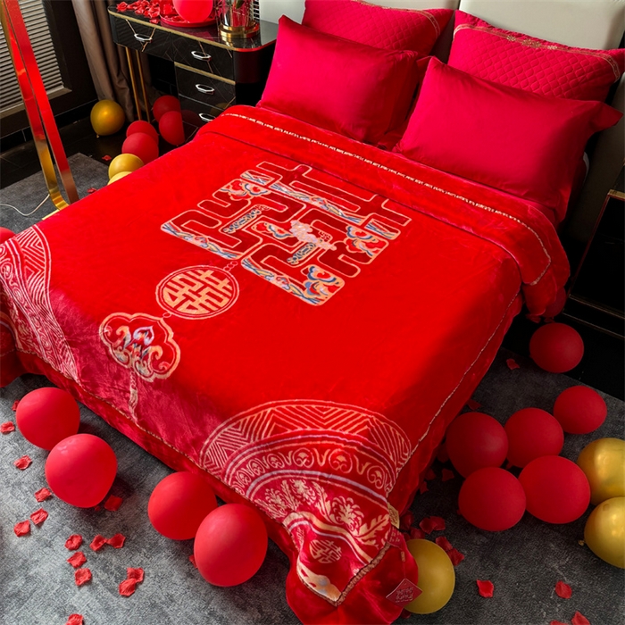 91家纺网 家纺一手货源 找家纺 2024新款婚庆双层高密云毛毯毯子 喜上加喜