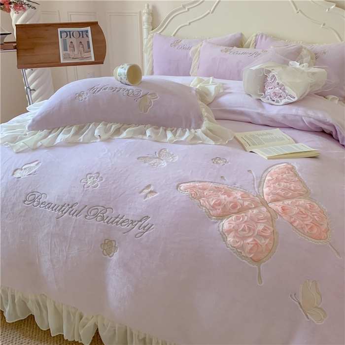 91家纺网 家纺一手货源 找家纺 富盛家纺 2024新款牛奶绒立体刺绣四件套韩版公主风四件套-翩翩起舞 4翩翩起舞—温柔紫