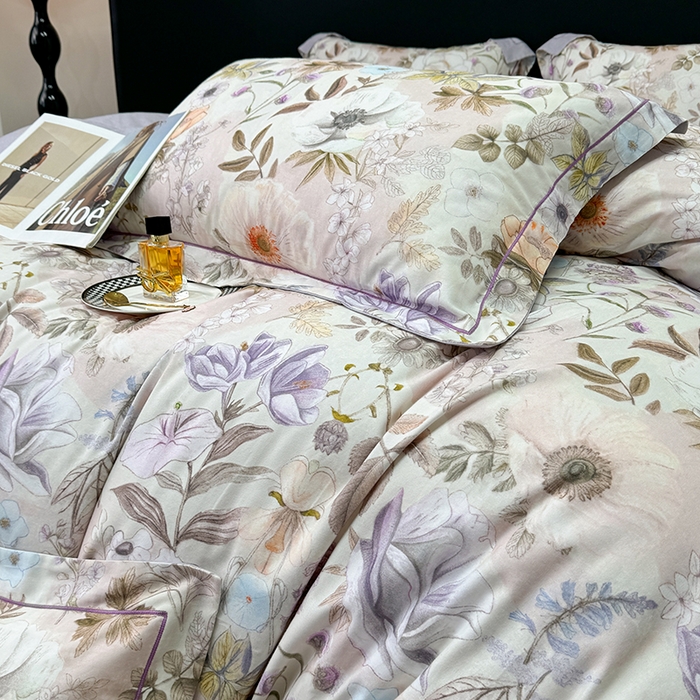 91家纺网 家纺一手货源 找家纺 2024新款A类全棉磨毛数码印花系列四件套 热恋花季灰