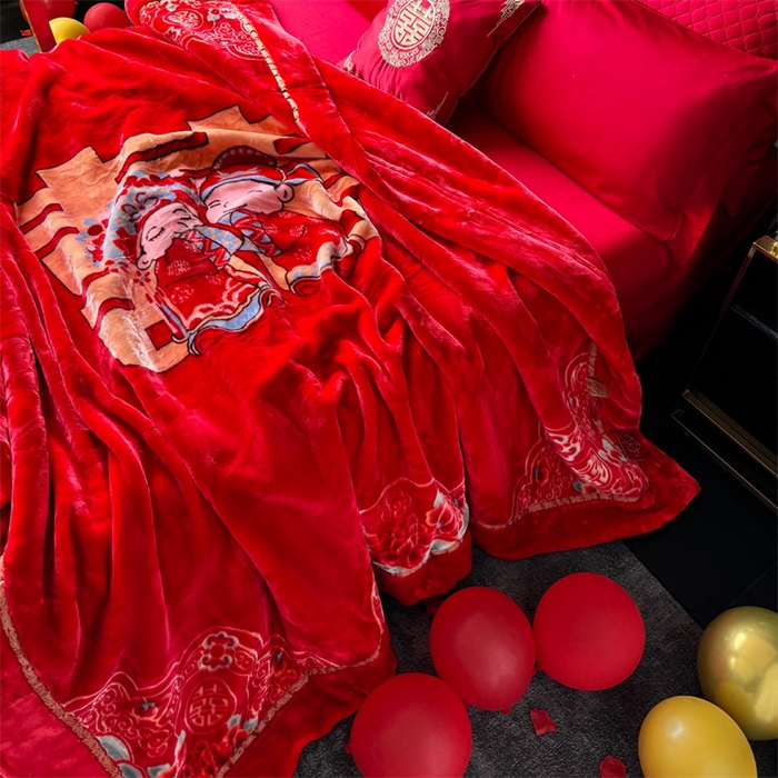 91家纺网 家纺一手货源 找家纺 2024新款婚庆双层高密云毛毯毯子 喜从天降