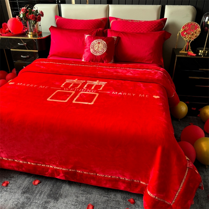 91家纺网 家纺一手货源 找家纺 2024新款婚庆双层高密云毛毯毯子 喜乐