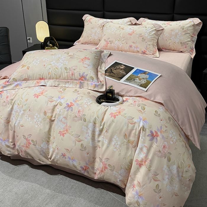 91家纺网 家纺一手货源 找家纺 2024新款A类全棉磨毛数码印花系列四件套 科莫花园粉