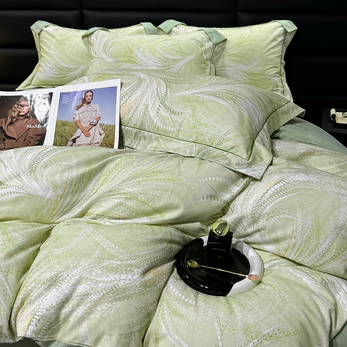 91家纺网 家纺一手货源 找家纺 2024新款A类全棉磨毛数码印花系列四件套 麦穗绿