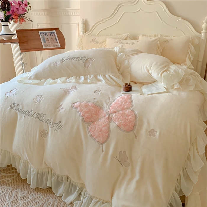 91家纺网 家纺一手货源 找家纺 富盛家纺 2024新款牛奶绒立体刺绣四件套韩版公主风四件套-翩翩起舞 5翩翩起舞—柠檬黄