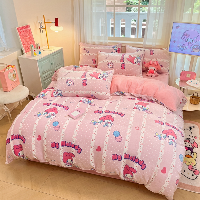 91家纺网 家纺一手货源 找家纺 2024新品正版三丽鸥授权卡通加厚高克重牛奶绒系列四件套 绒三丽鸥-糖心美乐蒂