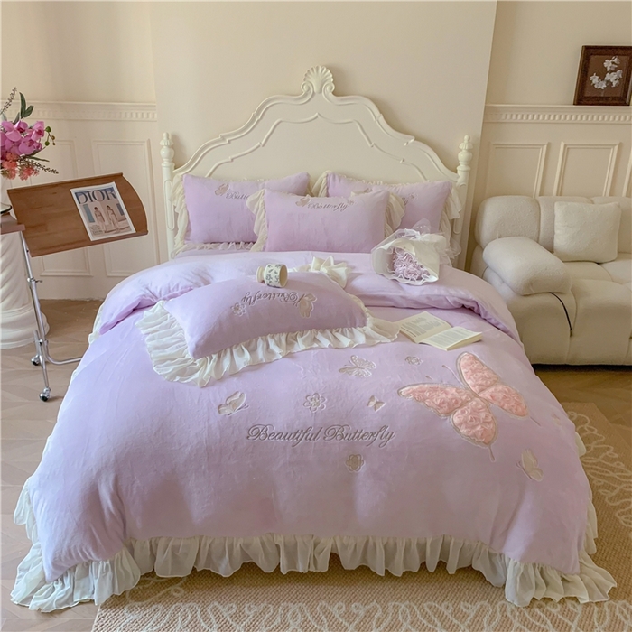 91家纺网 家纺一手货源 找家纺 富盛家纺 2024新款牛奶绒立体刺绣四件套韩版公主风四件套-翩翩起舞 4翩翩起舞—温柔紫