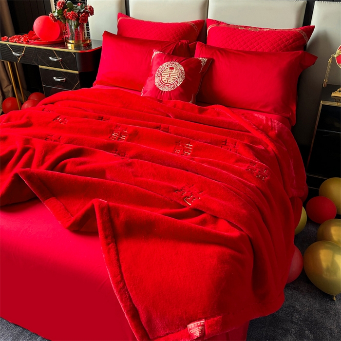 91家纺网 家纺一手货源 找家纺 2024新款仿皮草兔绒精品绣花毛毯毯子 喜气生辉