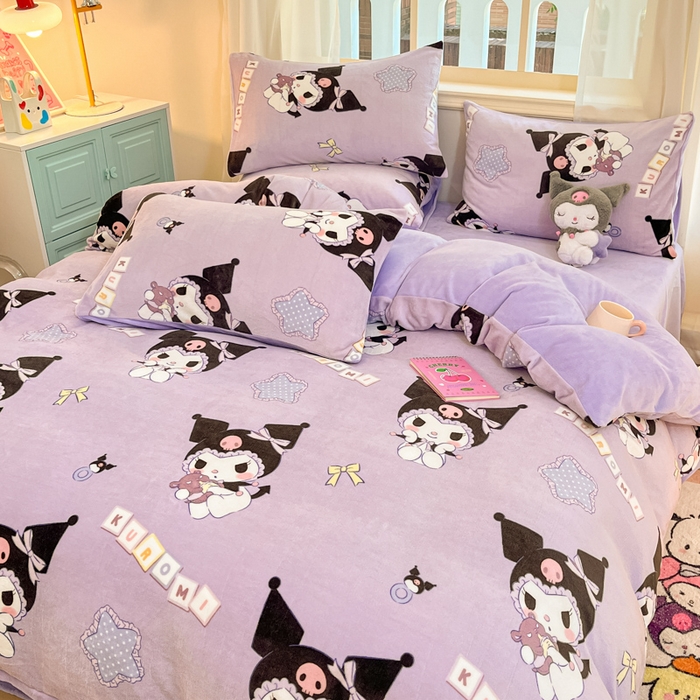 91家纺网 家纺一手货源 找家纺 2024新品正版三丽鸥授权卡通加厚高克重牛奶绒系列四件套 绒三丽鸥-蓝星库洛米
