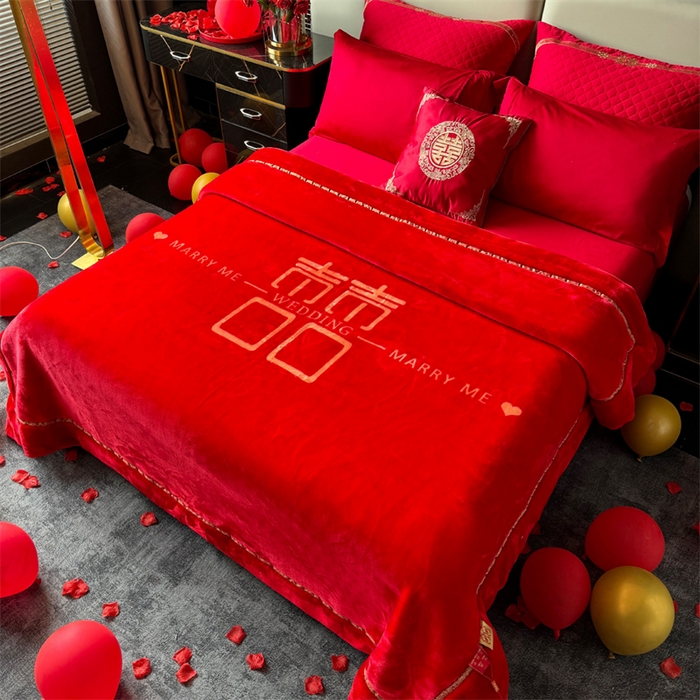 91家纺网 家纺一手货源 找家纺 2024新款婚庆双层高密云毛毯毯子 喜乐